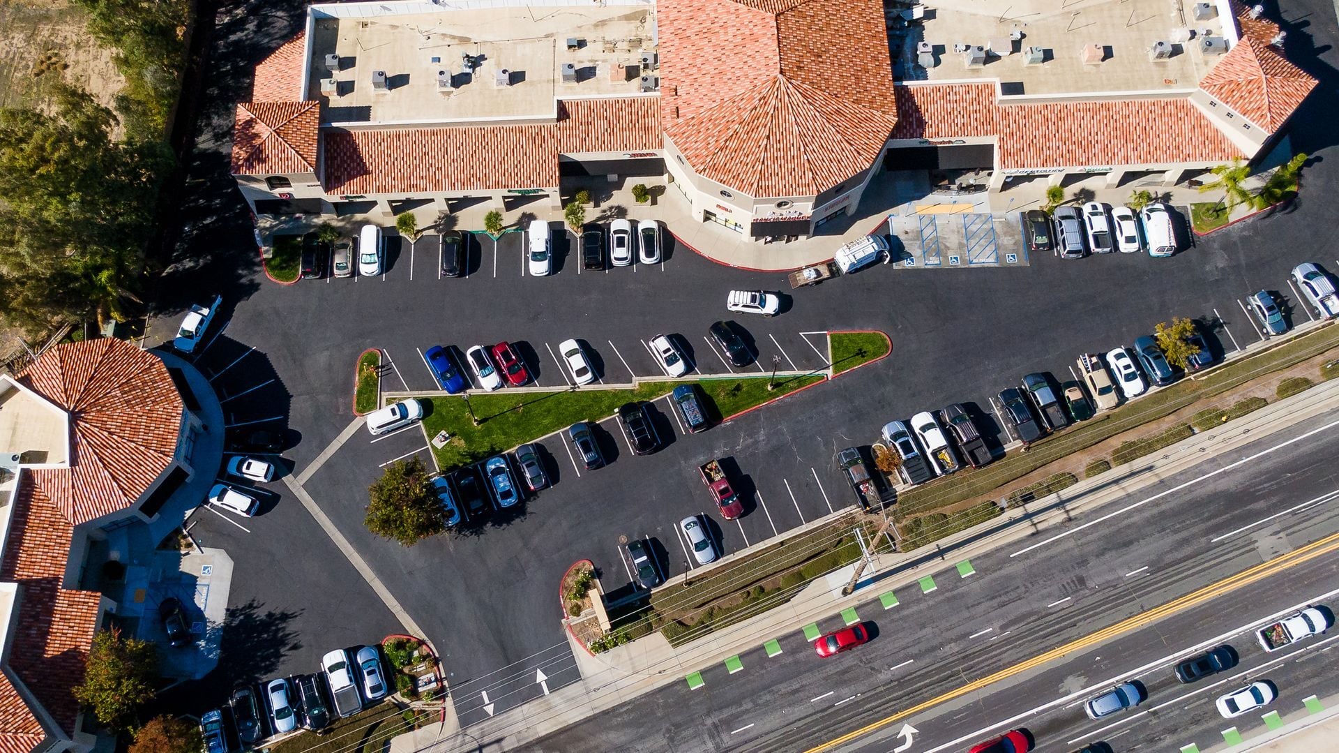 Aerial view of Bear Valley Plaza and shared parking