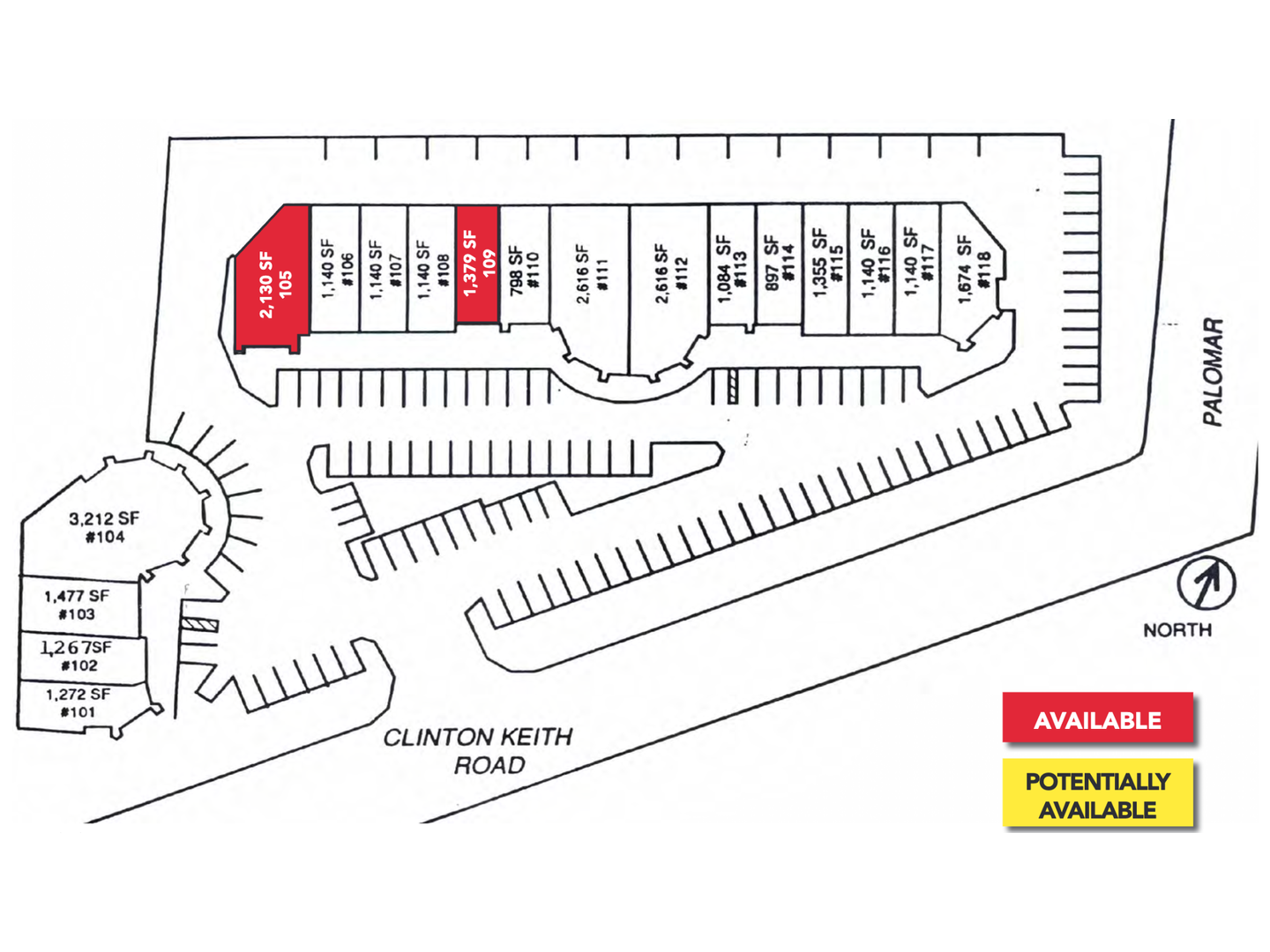 Bear Valley Plaza site plan showing available suites